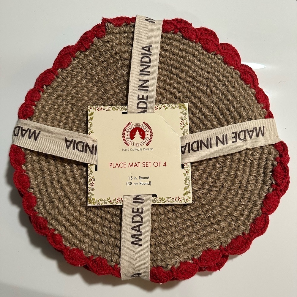 Holiday Christmas Placemats Red/Natural Woven Jute Placemats 15” Round Set of 4